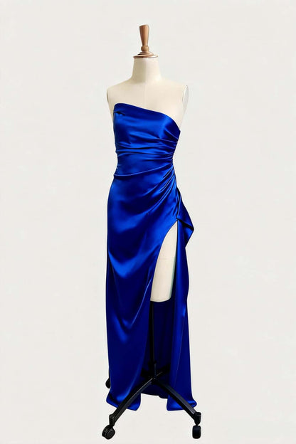 Asymmetric Strapless Light Blue Satin Slit Dress