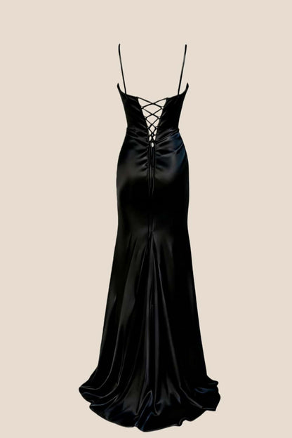 Black Satin Straps Ruched Fitted Prom Dress