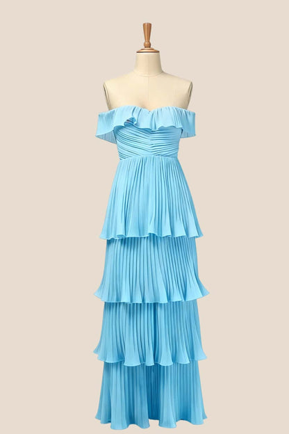 Off the Shoulder Yellow Pleated Maxi Dress