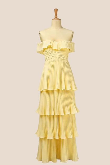 Off the Shoulder Pink Pleated Maxi Dress