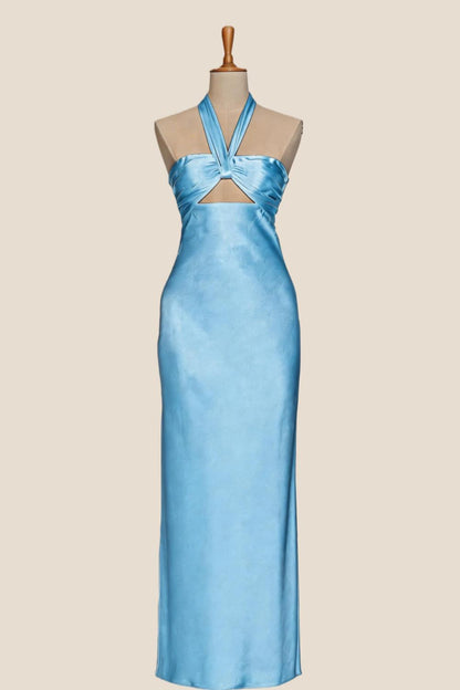 Halter Yellow Soft Satin Fitted Long Dress