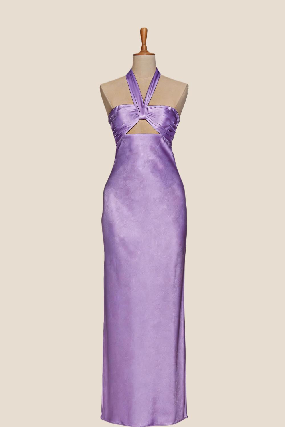 Halter Yellow Soft Satin Fitted Long Dress