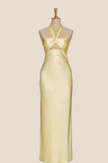 Halter Yellow Soft Satin Fitted Long Dress