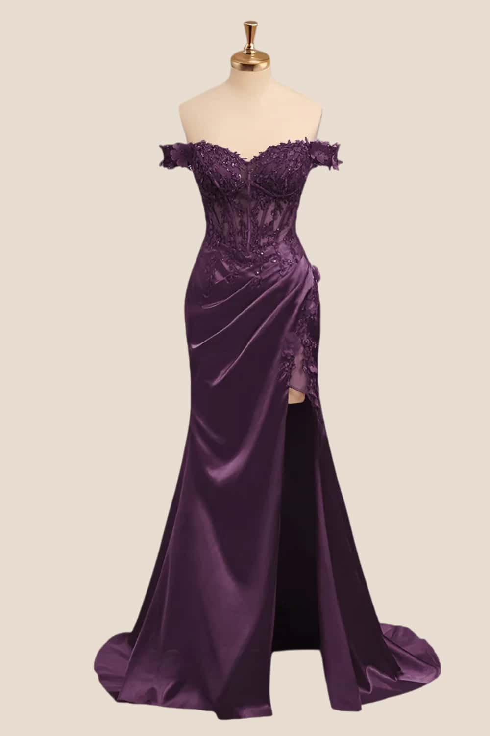 Lace Off the Shoulder Royal Blue Satin Mermaid Dress