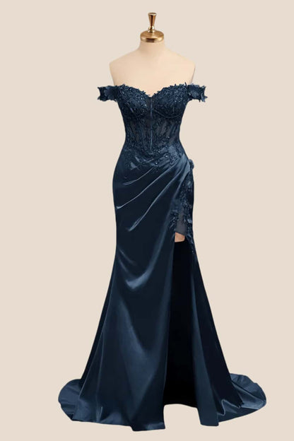 Lace Off the Shoulder Royal Blue Satin Mermaid Dress