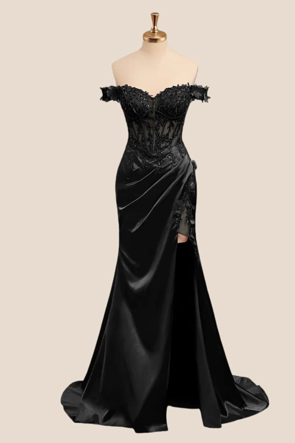 Lace Off the Shoulder Royal Blue Satin Mermaid Dress