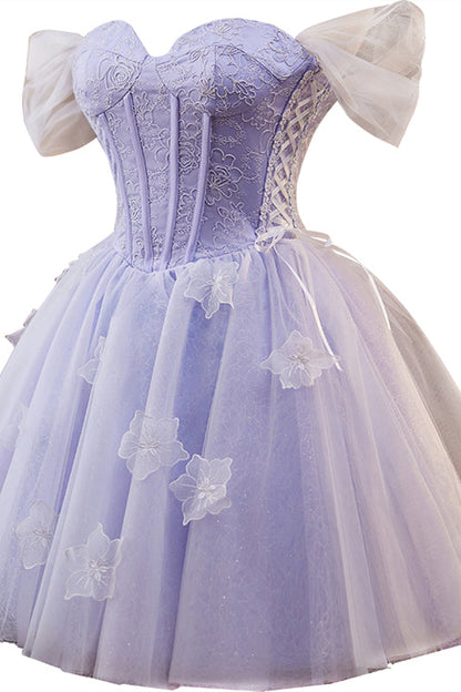 Off the Shoulder Lavender 3D Floral A-line Short Dress