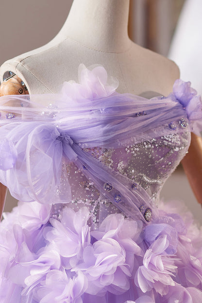 Off the Shoulder Lilac Floral Short Dress with Sequin