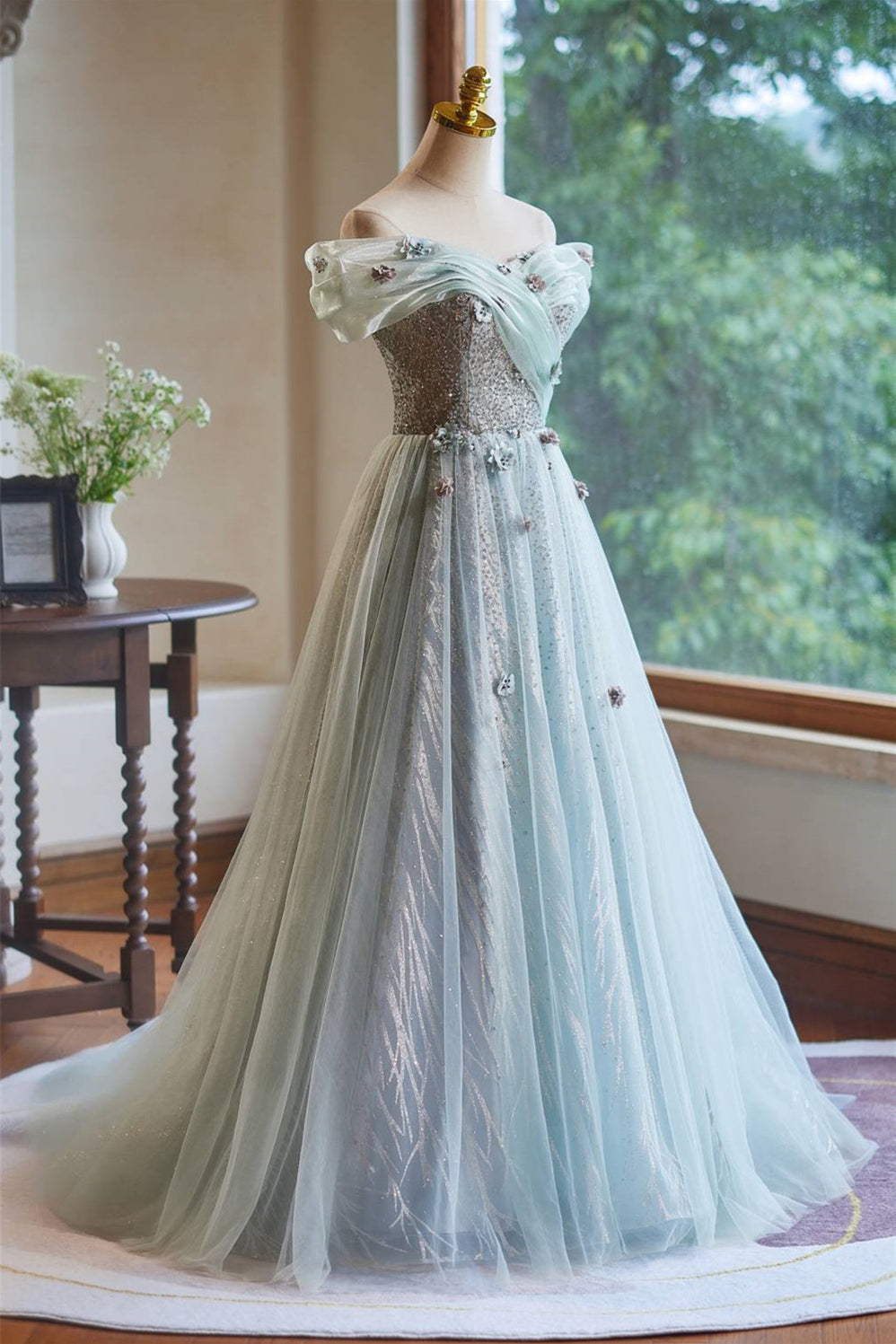 Off the Shoulder Mint Green Beaded Long Dress