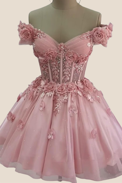 Off the Shoulder Pink 3D Floral Short Dress