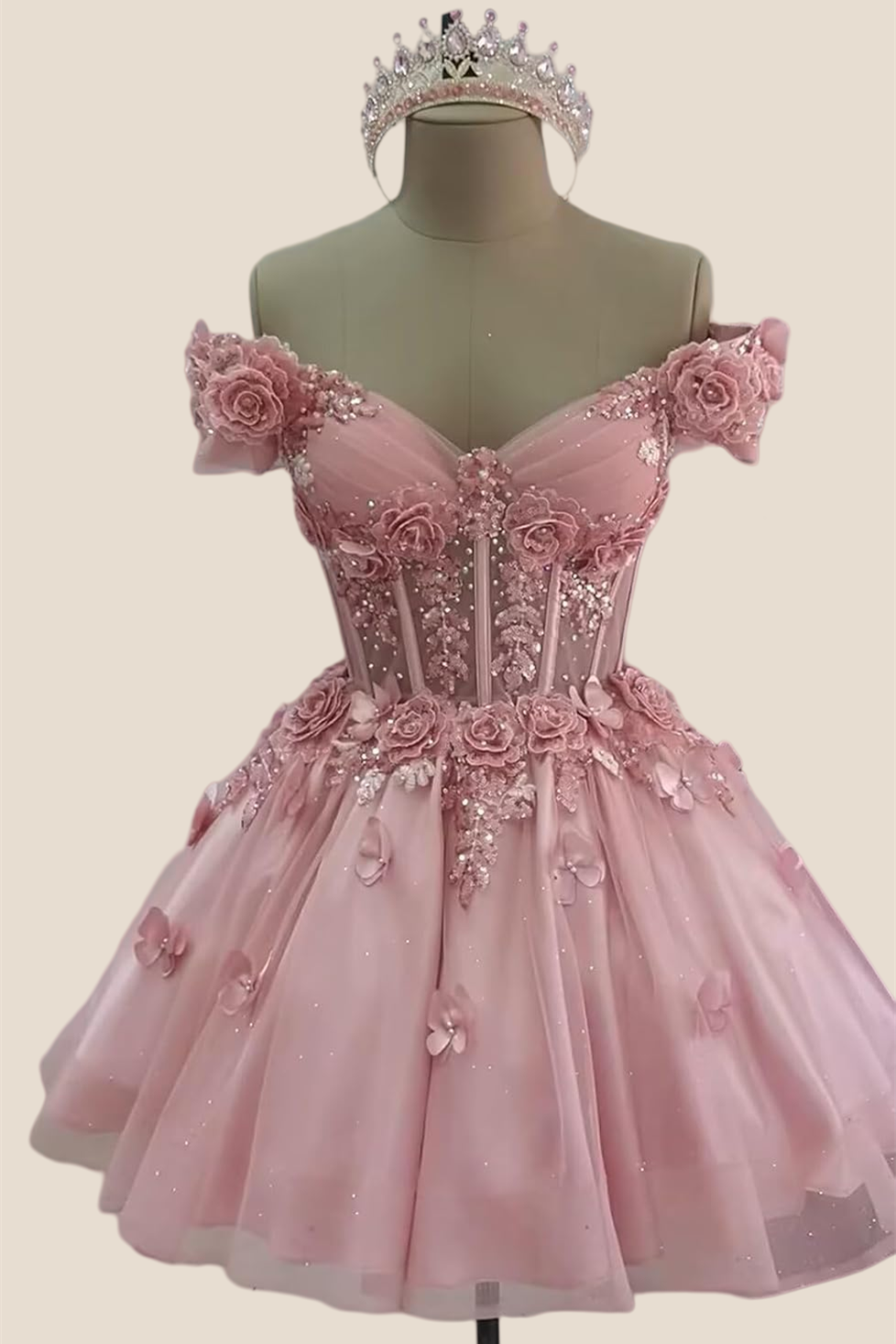 Off the Shoulder Pink 3D Floral Short Dress