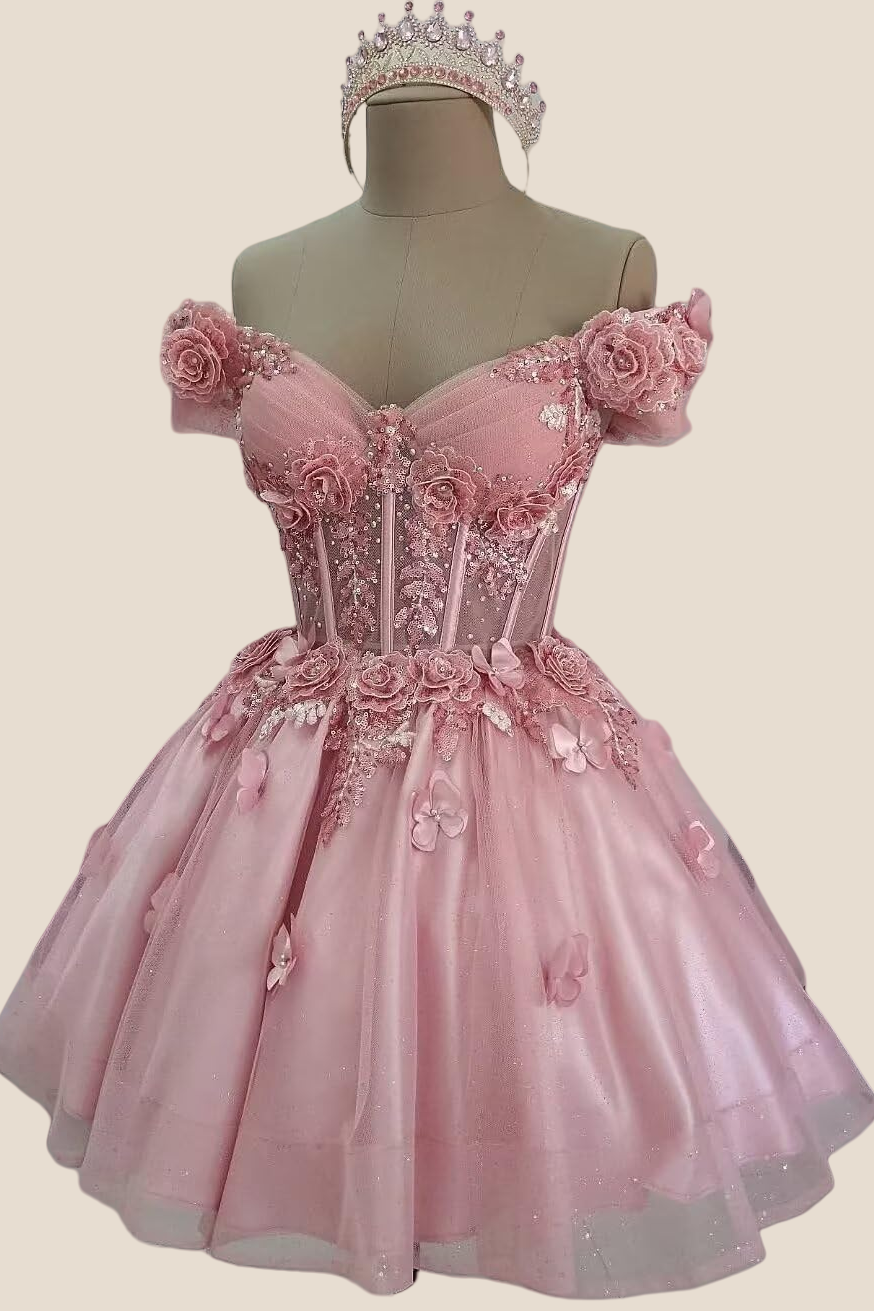 Off the Shoulder Pink 3D Floral Short Dress