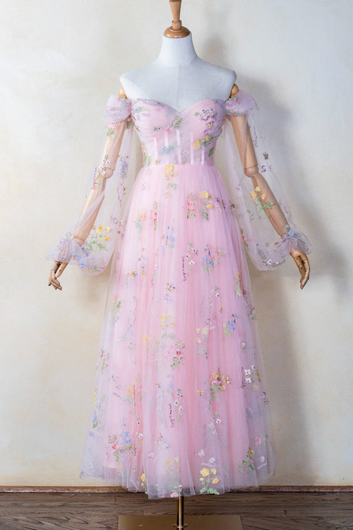 Off the Shoulder Pink Floral Midi Dress