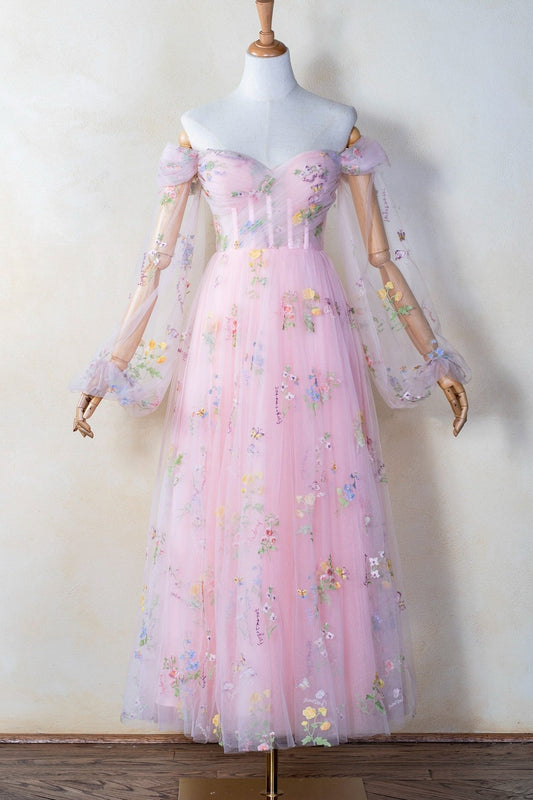Off the Shoulder Pink Floral Midi Dress