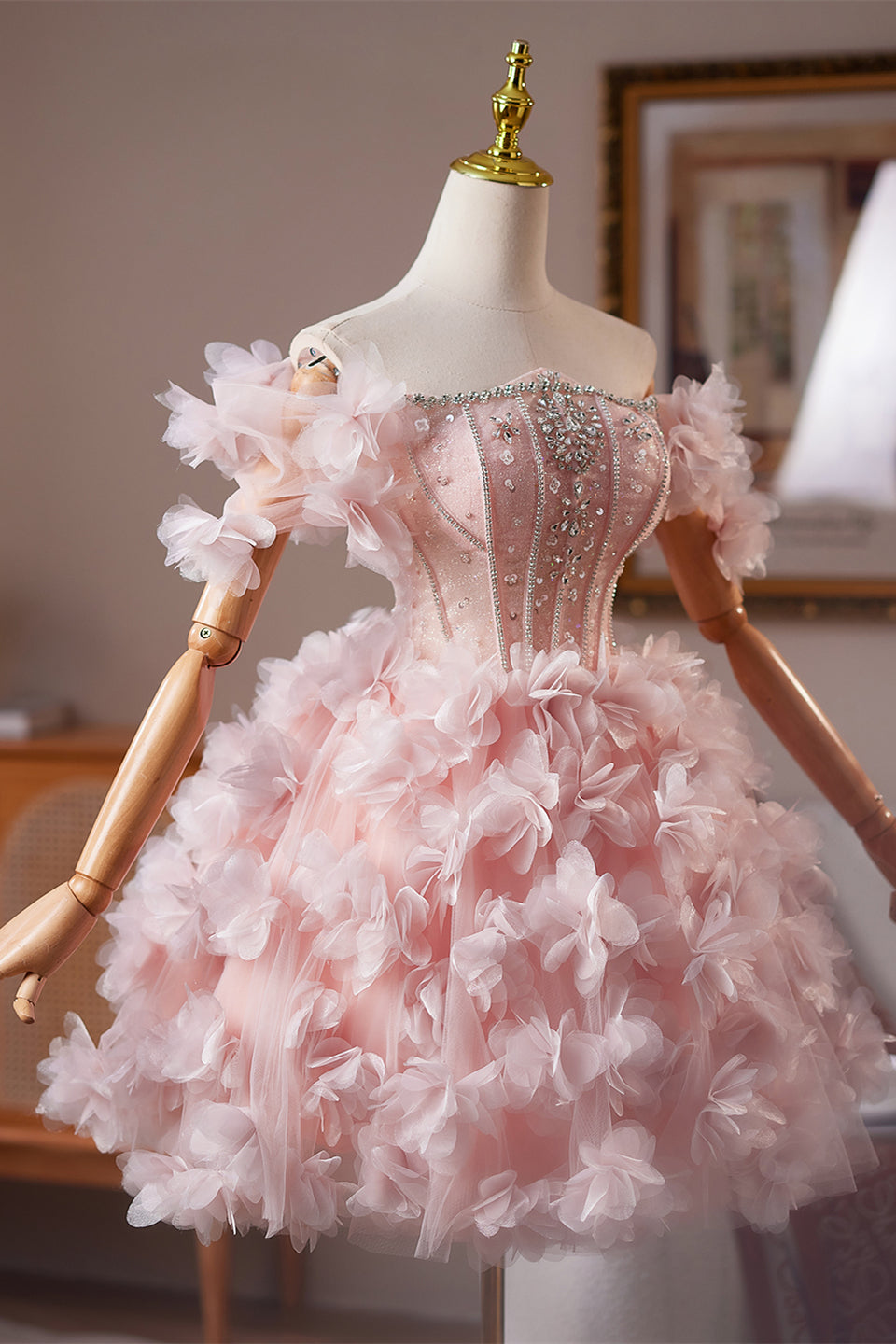 Off the Shoulder Pink Floral Short Dress with Beaded