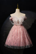 Off the Shoulder Blush Pink A-line Short Princess Dress
