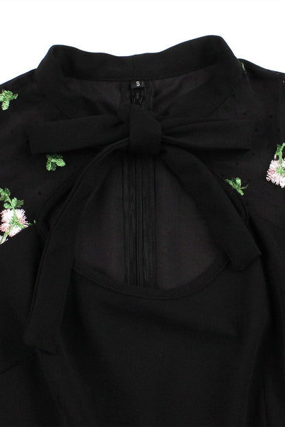High Neck Embroidery Black Swing Dress