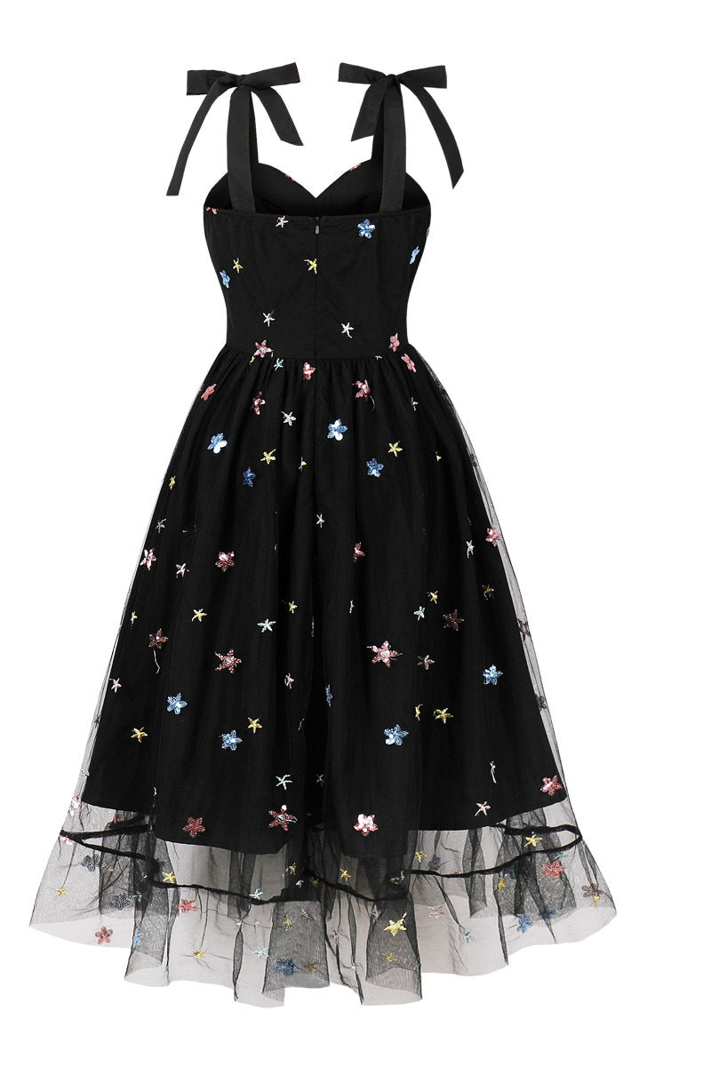 Black Mesh Short Dress with Sequin Stars