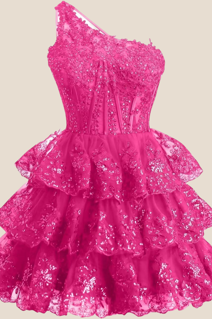 One Shoulder Blue Sequin Tiered Short Dress