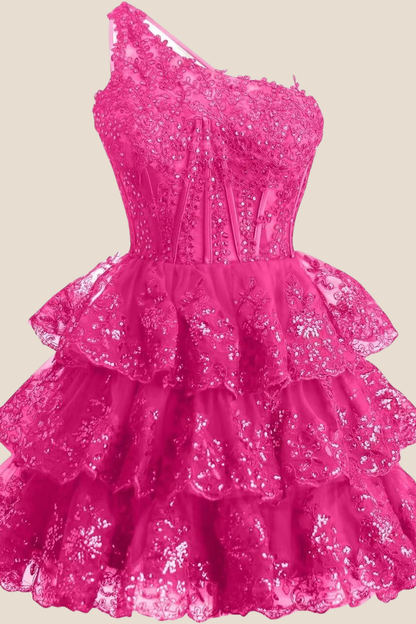 One Shoulder Red Sequin Tiered Short Dress