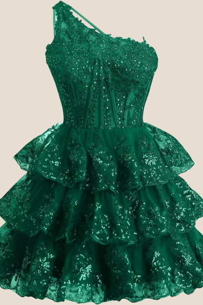 One Shoulder Red Sequin Tiered Short Dress