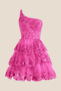 One Shoulder Hot Pink Sequin Tiered Short Dress