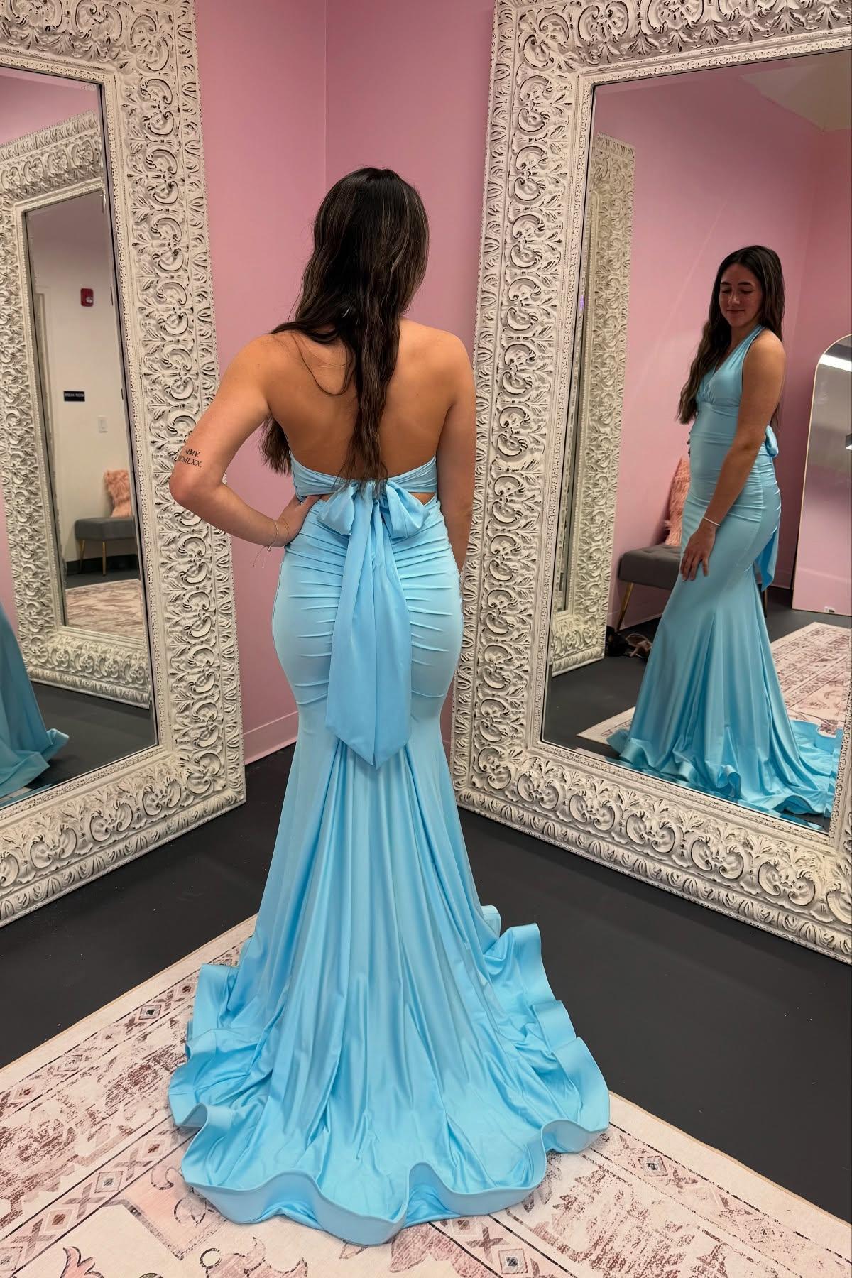 Halter Sage Fitted Long Formal Dress