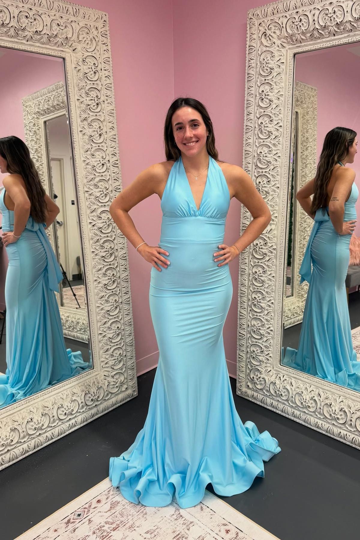 Halter Sage Fitted Long Formal Dress