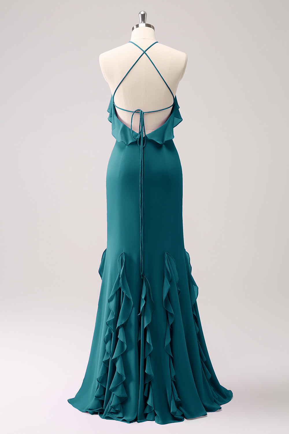 Tahiti Mermaid Halter Chiffon Long Bridesmaid Dress with Ruffles