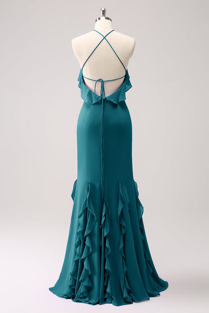 Tahiti Mermaid Halter Chiffon Long Bridesmaid Dress with Ruffles
