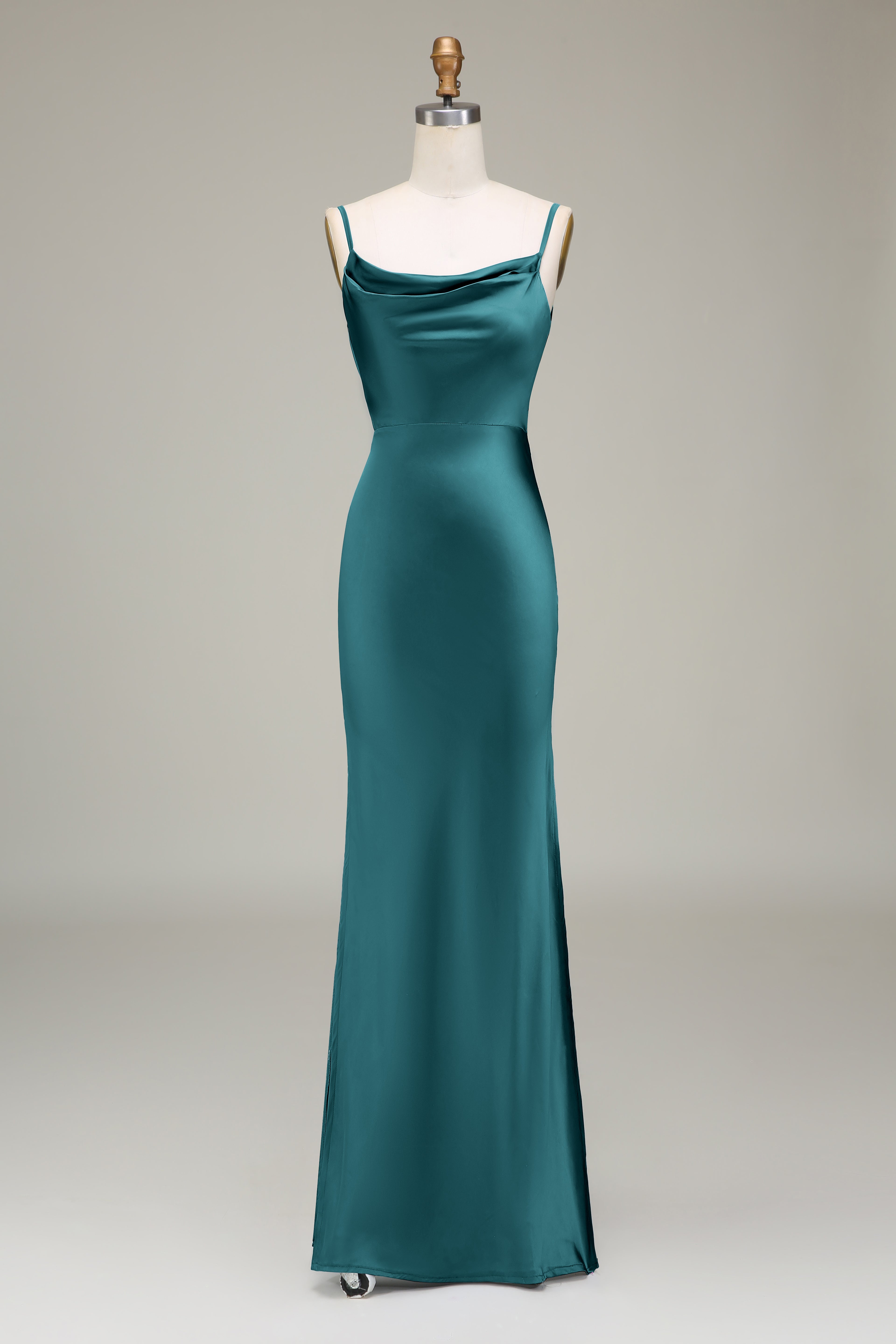 Olive Satin Sheath Spaghetti Straps Long Bridesmaid Dress