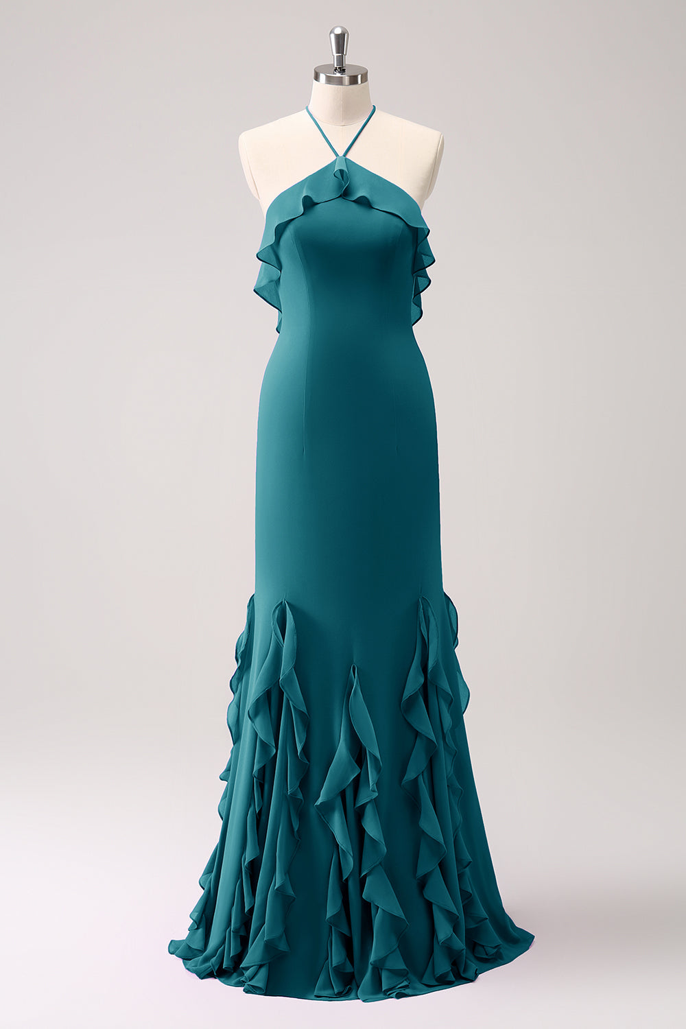 Tahiti Mermaid Halter Chiffon Long Bridesmaid Dress with Ruffles