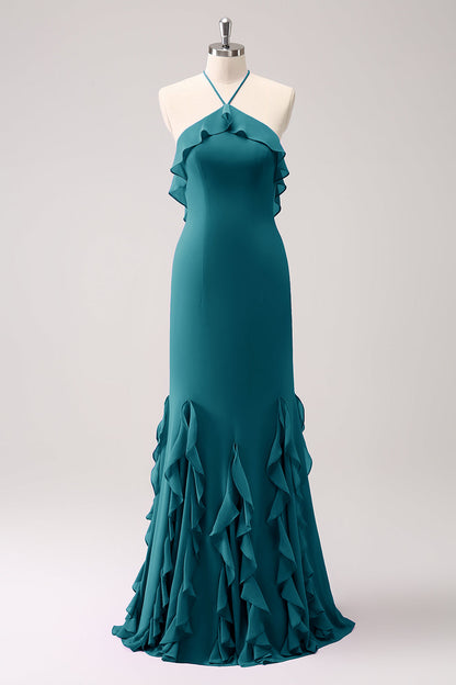 Tahiti Mermaid Halter Chiffon Long Bridesmaid Dress with Ruffles
