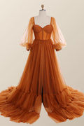 Long Sleeves Orange Tulle Long Formal Dress