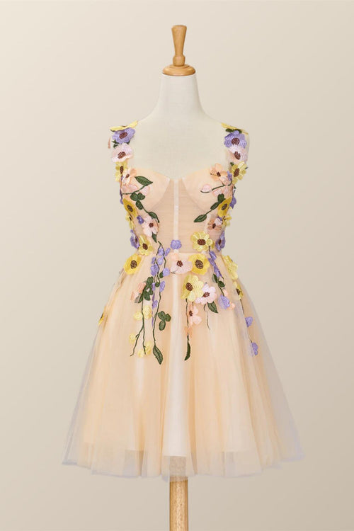 3D Floral Champagne Tulle Short Dress