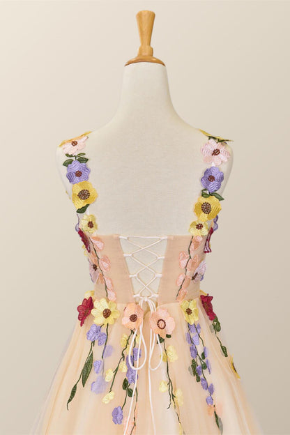 3D Floral Champagne Tulle Short Dress
