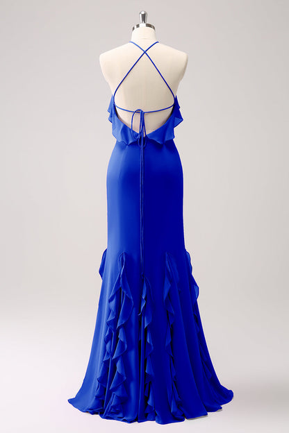 Tahiti Mermaid Halter Chiffon Long Bridesmaid Dress with Ruffles