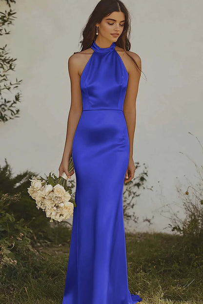 Mermaid Light Yellow Halter Long Satin Bridesmaid Dress