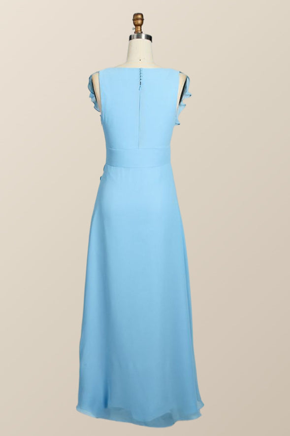 Blue Chiffon Ruffles Long Bridesmaid Dress