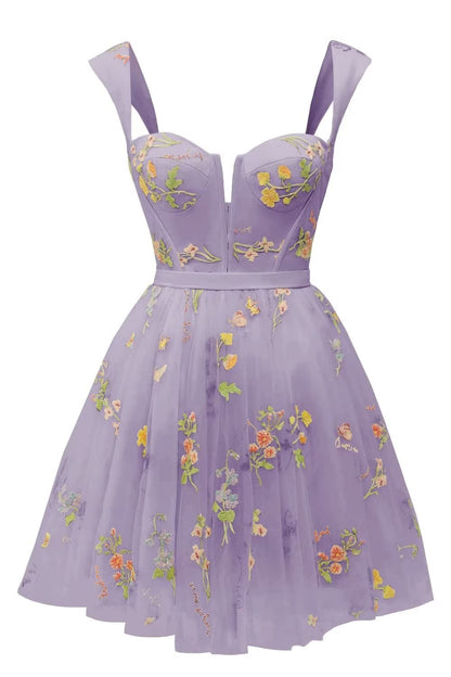 Cap Sleeves Blue Floral A-line Short Dress