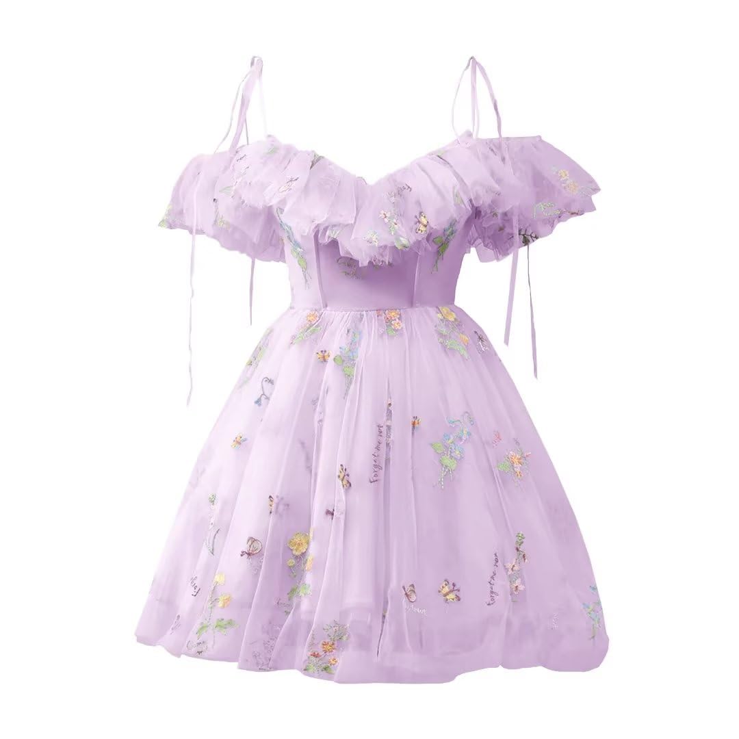 Blue Floral Ruffle A-line Homecoming Dress