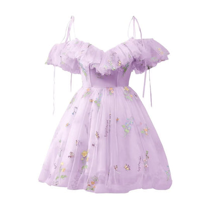Blue Floral Ruffle A-line Homecoming Dress