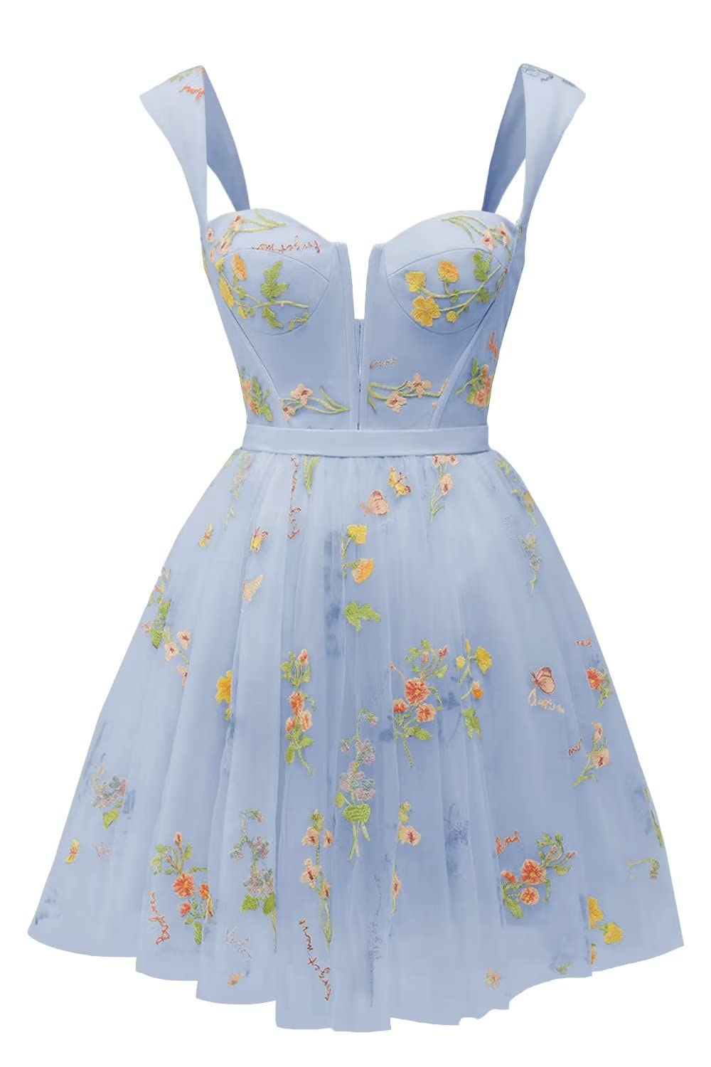 Cap Sleeves Blue Floral A-line Short Dress