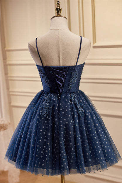 Navy Blue Straps Polk Dots Short A-line Party Dress