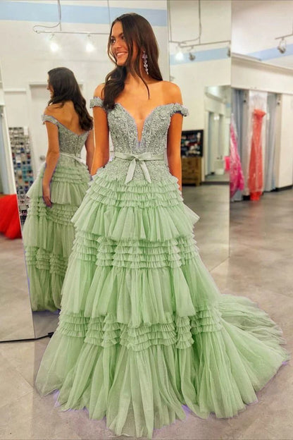 Off the Shoulder Red Appliques Tiered Long Formal Dress