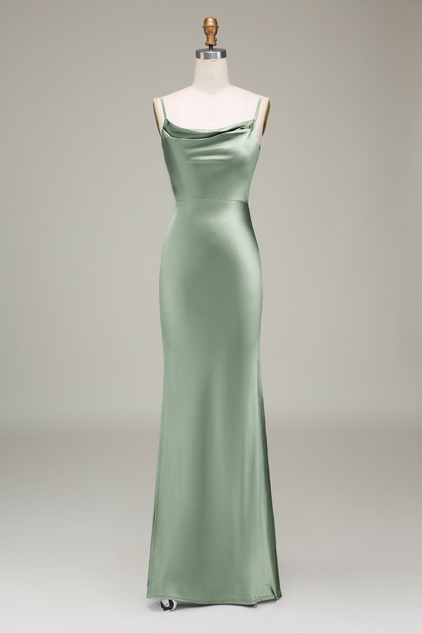 Olive Satin Sheath Spaghetti Straps Long Bridesmaid Dress