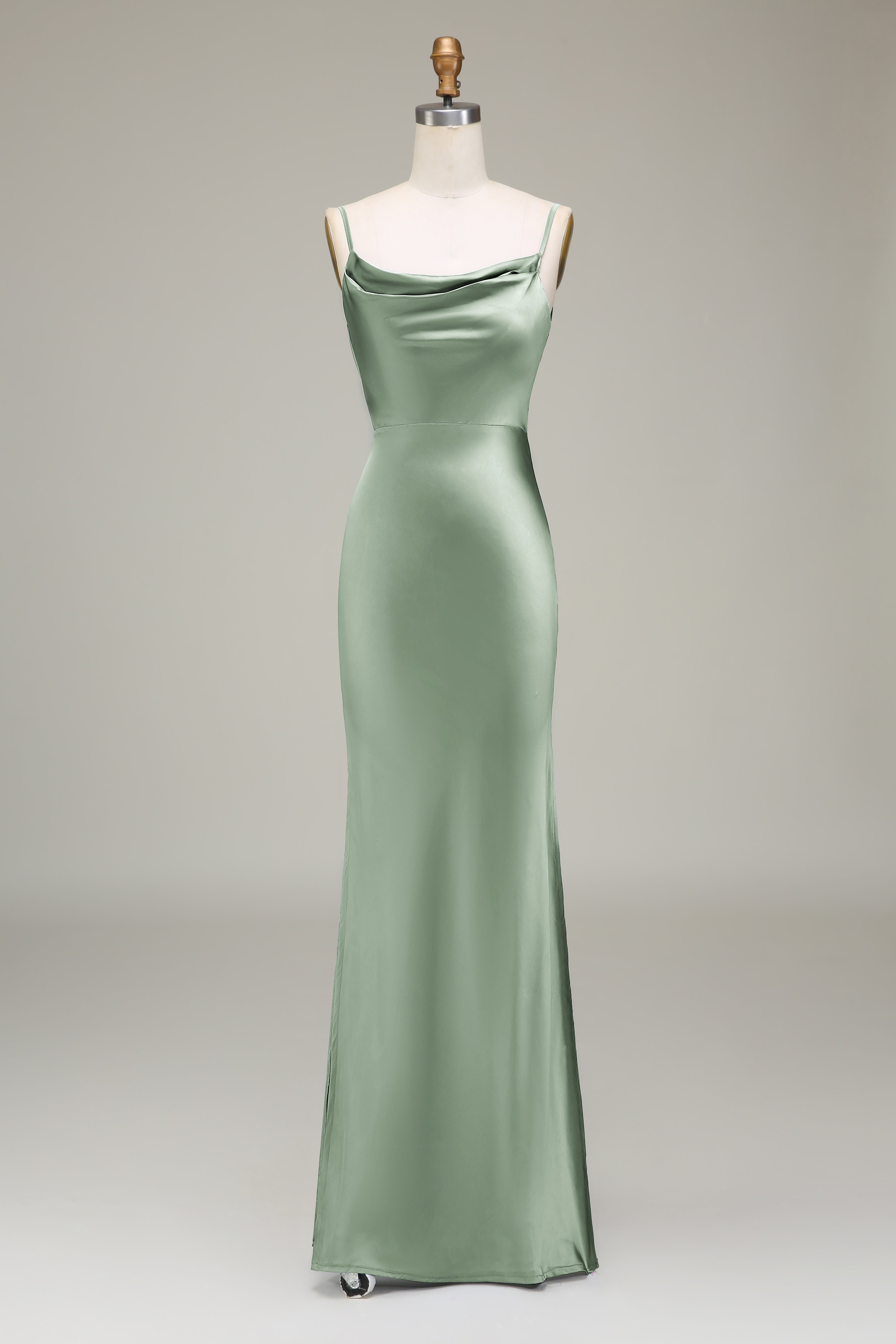 Olive Satin Sheath Spaghetti Straps Long Bridesmaid Dress