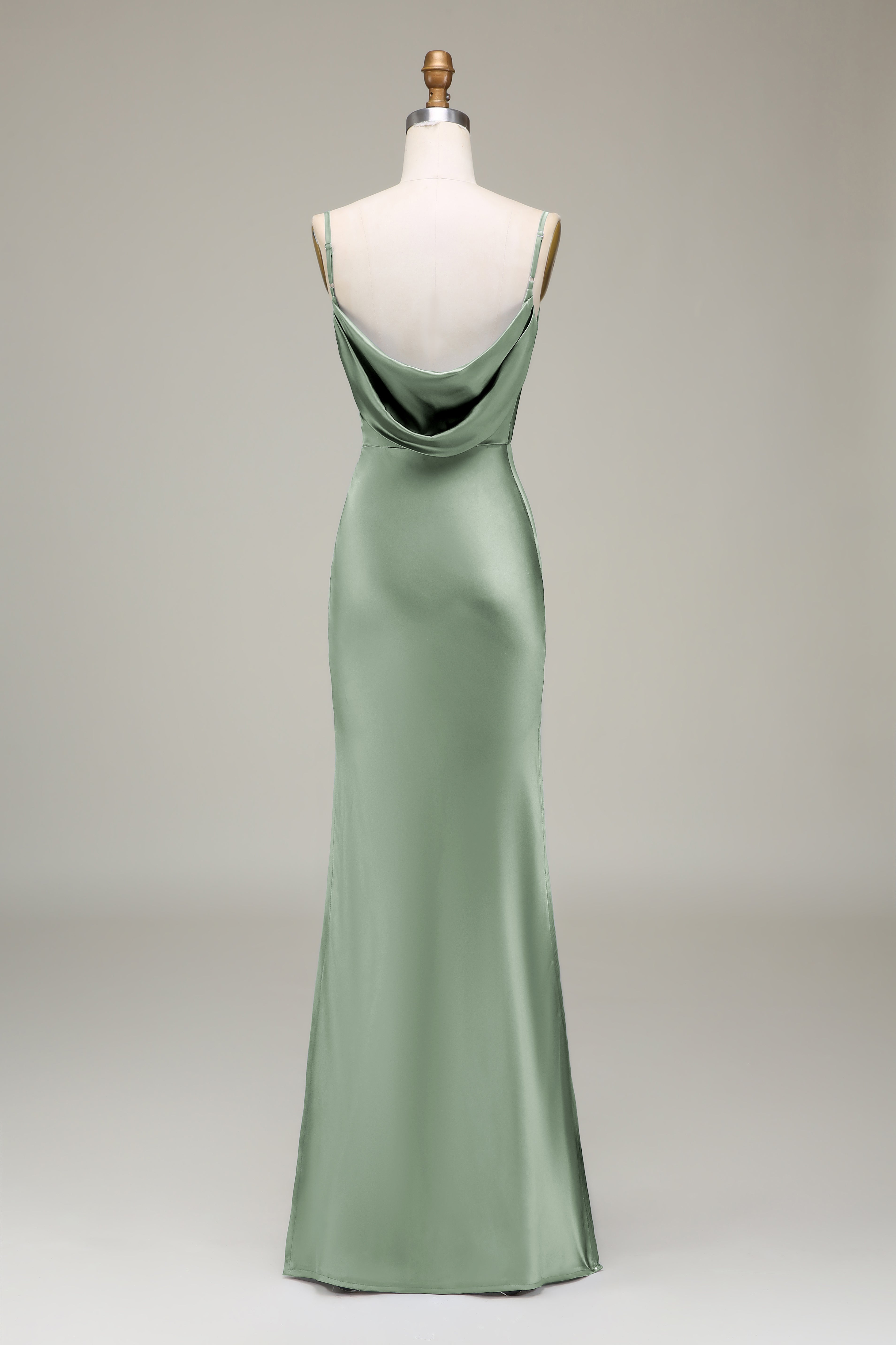 Olive Satin Sheath Spaghetti Straps Long Bridesmaid Dress