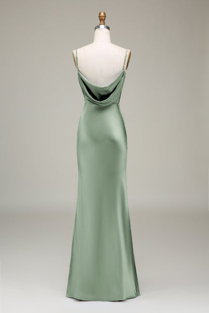 Olive Satin Sheath Spaghetti Straps Long Bridesmaid Dress