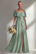 Off the Shoulder A Line Ruffled Sage Green Long Beach Bridesmaid Dress with Slit